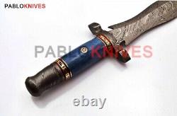 13 Couteau de chasse à lame de damas en acier forgé à la main avec manche en os bleu