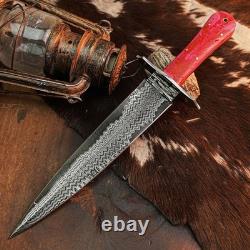 15,2 Couteau-dague artisanal en acier damassé, pleine soie, manche en résine + étui