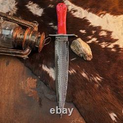 15,2 Couteau-dague artisanal en acier damassé, pleine soie, manche en résine + étui