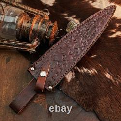 15,2 Couteau-dague artisanal en acier damassé, pleine soie, manche en résine + étui