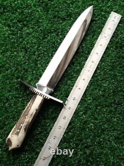 17 Couteau de chasse à lame de poignard en acier D2 sur mesure - Manche en couronne de cerf