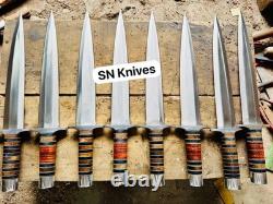 8pcs Dague Arkansas Toothpick Fabriquée à la Main Dague D2 Couteau de Chasse avec Étui en Cuir