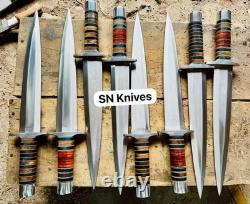 8pcs Dague Arkansas Toothpick Fabriquée à la Main Dague D2 Couteau de Chasse avec Étui en Cuir