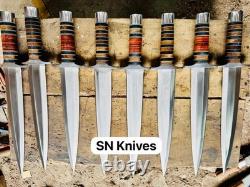 8pcs Dague Arkansas Toothpick Fabriquée à la Main Dague D2 Couteau de Chasse avec Étui en Cuir