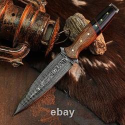 9,1 Couteau-dague artisanal en acier Damas, pleine soie, manche en bois + étui
