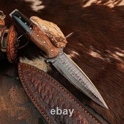 9,1 Couteau-dague artisanal en acier Damas, pleine soie, manche en bois + étui