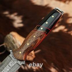 9,1 Couteau-dague artisanal en acier Damas, pleine soie, manche en bois + étui