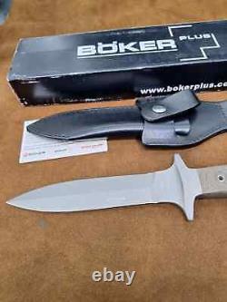 Boker Plus Schanz Dague Intégrale SID, 440C sablée, avec fourreau en cuir noir