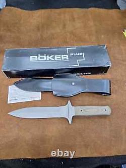 Boker Plus Schanz Dague Intégrale SID, 440C sablée, avec fourreau en cuir noir