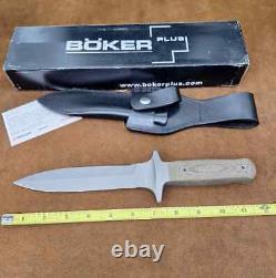 Boker Plus Schanz Dague Intégrale SID, 440C sablée, avec fourreau en cuir noir