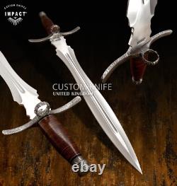 Couteau Dague Épée Sur-Mesure en Acier Damas avec Garde en Cuir Rare et Unique