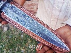 Couteau Dague Motif Plume Lame en Acier Damas/Personnalisé Fait Main 14.5 Micarta