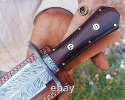 Couteau Dague Motif Plume Lame en Acier Damas/Personnalisé Fait Main 14.5 Micarta