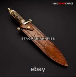 Couteau Dague Roi de Chasse en Acier Damas Forgé à la Main Personnalisé avec Poignée en Bois de Cerf Vintage