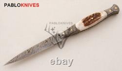 Couteau Dague de Chasse Slim en Acier Damas Fait Main 8,5 / Poignée en Corne de Cerf
