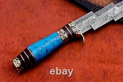 Couteau De Chasse En Acier De Damas Tri-dagger Sur Mesure Bleu Turquoise Poignée