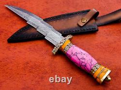 Couteau Tri-dagger De Chasse En Acier De Damas Fabriqué À La Main Avec Poignée Turquoise