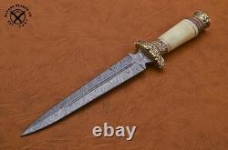Couteau dague de chasse en acier de Damas fait main SBC avec manche en os de chameau