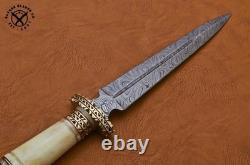 Couteau dague de chasse en acier de Damas fait main SBC avec manche en os de chameau