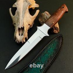 Couteau dague en acier inoxydable 10,7, pleine soie, manche en bois, lame fixe, étui en cuir