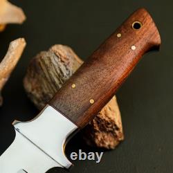 Couteau dague en acier inoxydable 10,7, pleine soie, manche en bois, lame fixe, étui en cuir