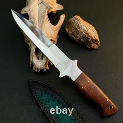 Couteau dague en acier inoxydable 10,7, pleine soie, manche en bois, lame fixe, étui en cuir