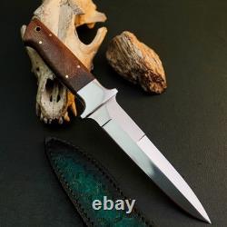 Couteau dague en acier inoxydable 10,7, pleine soie, manche en bois, lame fixe, étui en cuir