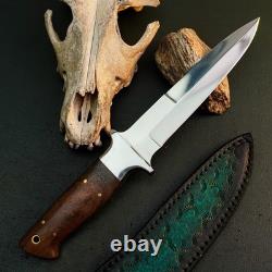 Couteau dague en acier inoxydable 10,7, pleine soie, manche en bois, lame fixe, étui en cuir