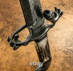 Couteau dague en damas sur mesure rare Impact Cutlery, bois de cerf, faucon et serpent