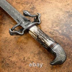 Couteau dague en damas sur mesure rare Impact Cutlery, bois de cerf, faucon et serpent