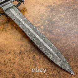 Couteau dague en damas sur mesure rare Impact Cutlery, bois de cerf, faucon et serpent