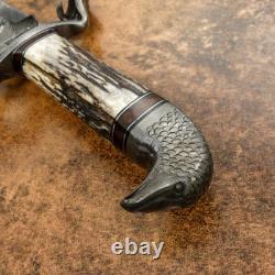 Couteau dague en damas sur mesure rare Impact Cutlery, bois de cerf, faucon et serpent