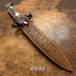 Couteau dague en damas sur mesure rare Impact Cutlery, bois de cerf, faucon et serpent