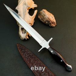 Couteau dague inox 10,5 à soie pleine, manche en bois, lame fixe, fourreau en cuir