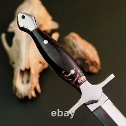 Couteau dague inox 10,5 à soie pleine, manche en bois, lame fixe, fourreau en cuir