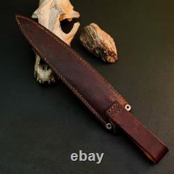 Couteau dague inox 10,5 à soie pleine, manche en bois, lame fixe, fourreau en cuir