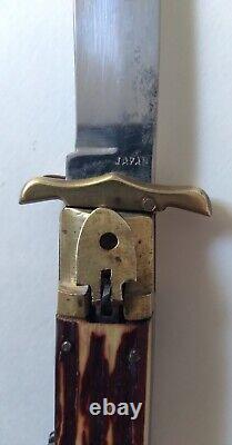 Couteau dague pliant japonais, manche à motifs en bois de cerf aspect chasse et combat VNTG