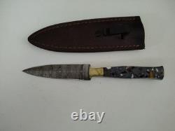 Couteau de botte en acier damassé style Dagger EDC avec étui en cuir