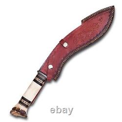 Couteau de chasse à la dague Kukri en acier de Damas avec manche en corne de cerf couronné