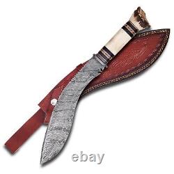 Couteau de chasse à la dague Kukri en acier de Damas avec manche en corne de cerf couronné