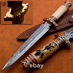 Couteau de chasse dague en acier damas fait main SBC avec manche en os de chameau gravé de scrimshaw