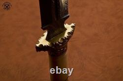 Couteau de chasse dague en acier damas fait main SBC avec manche en os de chameau gravé de scrimshaw