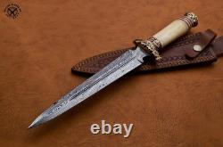 Couteau de chasse dague en acier damas fait main SBC avec manche en os de chameau gravé de scrimshaw