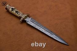 Couteau de chasse dague en acier damas fait main SBC avec manche en os de chameau gravé de scrimshaw