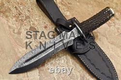 Couteau de chasse de combat prêt à l'emploi en acier de Damas forgé à la main avec manche en bois de cerf