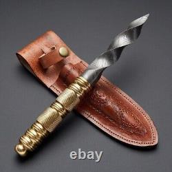 Couteau de chasse en acier damas forgé à la main + gaine, style poignard à trois lames Kris personnalisé