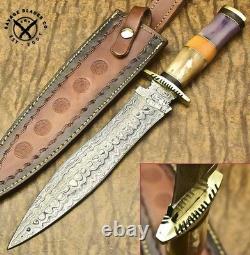 Couteau de chasse en acier damassé fait main SBC avec poignée en os de chameau et étui