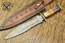 Couteau de chasse en acier damassé fait main SBC avec poignée en os de chameau et étui