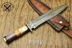Couteau de chasse en acier damassé fait main SBC avec poignée en os de chameau et étui