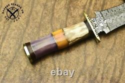 Couteau de chasse en acier damassé fait main SBC avec poignée en os de chameau et étui